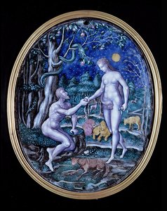 Plaque de Limoges représentant Adam et Ève, vers 1570 - French School